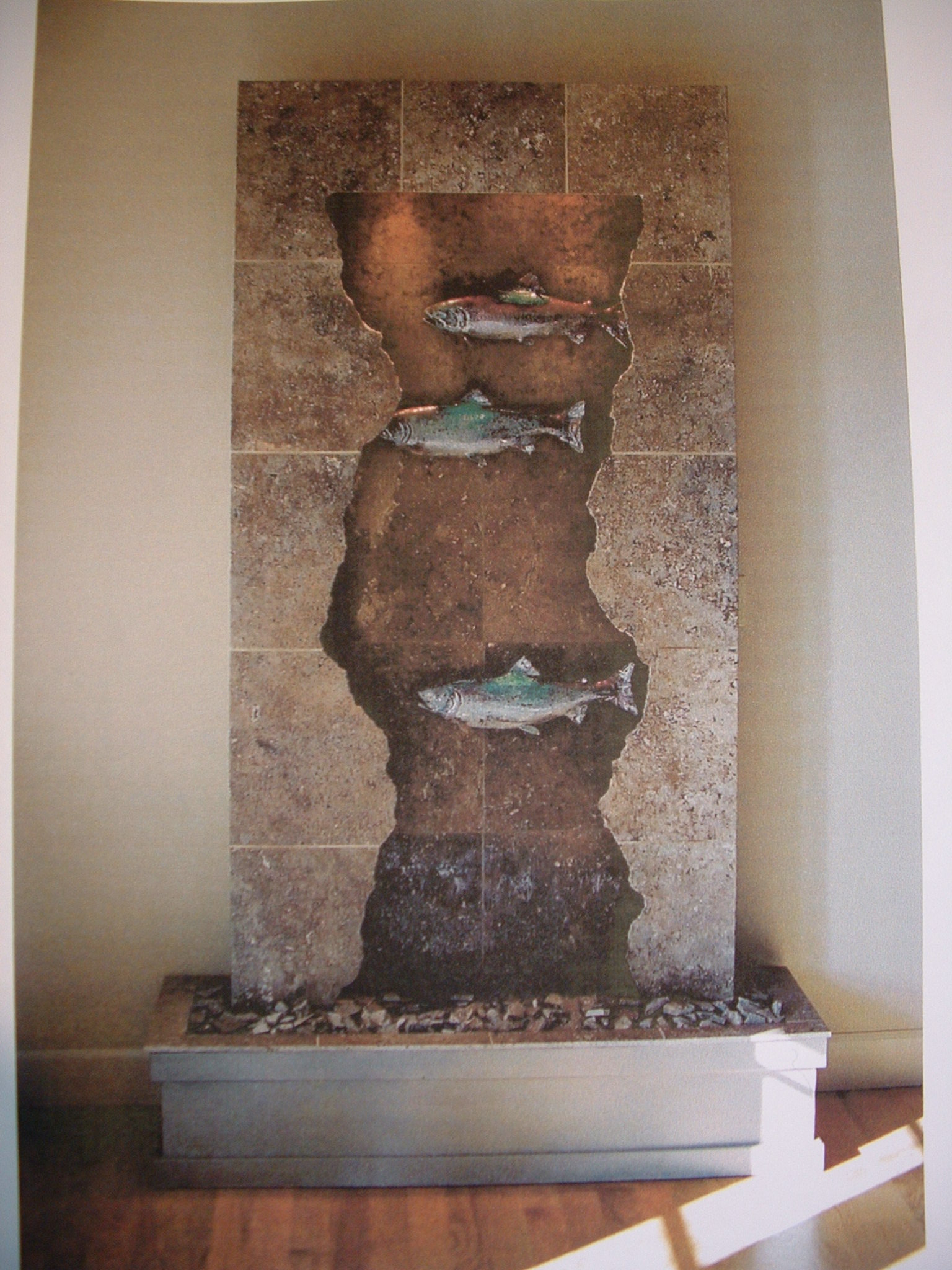Bellevue, WA. residence, existing home. 40 in x 7 ft 6 in mocha marble fractured face, three racue glazed salmon, lighting in valance, basin topped out with broken bits
